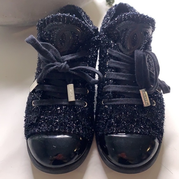 CHANEL CC BLACK METALLIC Shimmer tweed lace-up sneakers women’s size 37 shoes - Picture 3 of 14